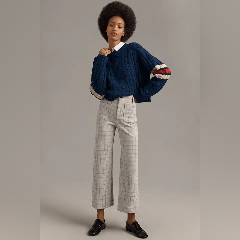 Anthropologie Cream Windowpane Wide-Leg Trousers